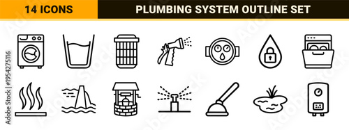 Water Conservation and Plumbing System Linear Icons featuring Ultra-minimalist Geometric Monoline Aesthetics for Professional Utility.