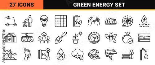 Sustainable Ecology and Renewable Energy Line Art Symbols. Ultra-minimalist Monoline Vector Outline Icons for Environmental Conservation Niche.