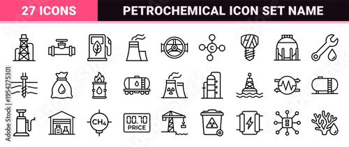 Petrochemical Energy and Oil Industry Infrastructure Icons Featuring Ultra-Minimalist Monoline Geometric Outlines for Professional Systems.