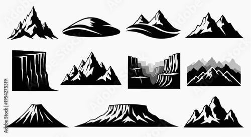A collection of various mountain range silhouettes and geological landscape formations in black