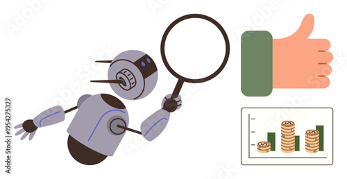 Artificial intelligence, financial analysis, robotics, innovation, investment insights, growth tracking. Robot with magnifying glass, thumbs-up and financial chart. AI in financial analysis
