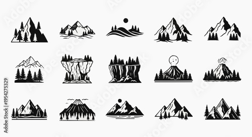 A collection of fifteen unique black and white vector mountain landscape icons and silhouettes