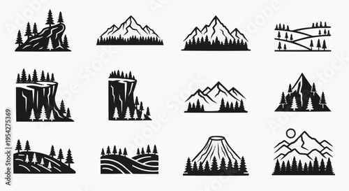 Set of black and white mountain and pine tree landscape illustrations for nature themed designs