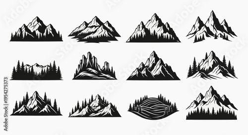 Set of twelve black and white vector illustrations featuring stylized mountain range landscapes