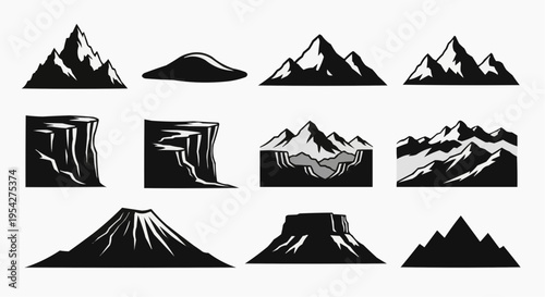 Set of black and white mountain silhouette icons for outdoor adventure and nature design projects