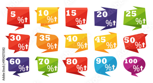 colorful percentage discount tags with upward arrows for sales and promotions