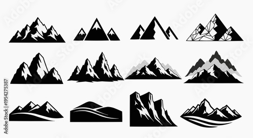 A collection of diverse black and white mountain icons featuring various jagged peak silhouettes