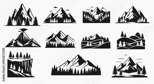 Set of black and white mountain landscape illustrations featuring various peaks and pine tree forests