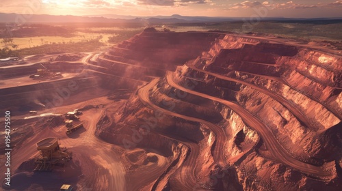 Stunning Aerial View of Open-Pit Mine at Golden Hour Landscape