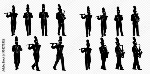 Set of marching band members silhouettes playing various musical instruments.