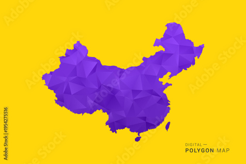 China Map - Low poly polygon map in vibrant purple gradient on bold yellow background, modern minimal geometric style, clean digital vector illustration.