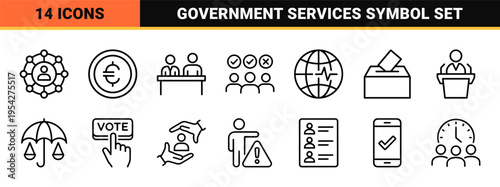 Professional Social Policy and Public Welfare Line Icons Featuring Ultra-Minimalist Monoline Symbols for Government and Community Services