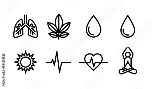 A set of black line art icons representing health and wellness concepts