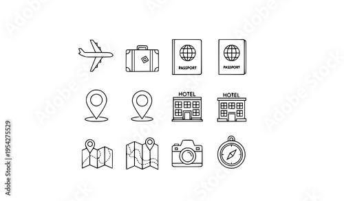 A set of travel icons in a minimalist line art style