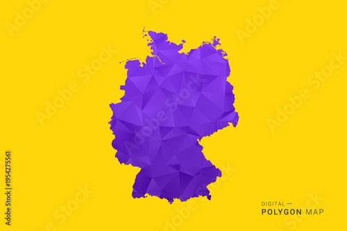 Germany Map - Low poly polygon map in vibrant purple gradient on bold yellow background, modern minimal geometric style, clean digital vector illustration.