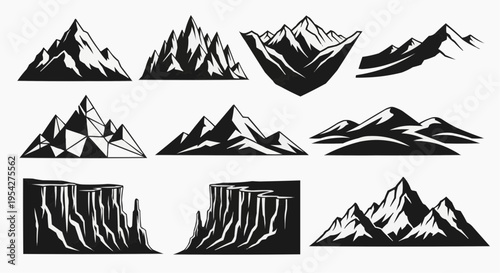 A collection of various artistic mountain and cliff silhouettes presented in a black and white style