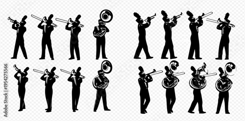 Silhouettes of a marching band playing various brass instruments, including trumpets, trombones, and tubas, in different poses.