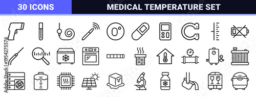Professional Medical Thermometry and Industrial Thermal Monitoring Icon Set with Ultra-Minimalist Geometric Outlines for UI UX Design