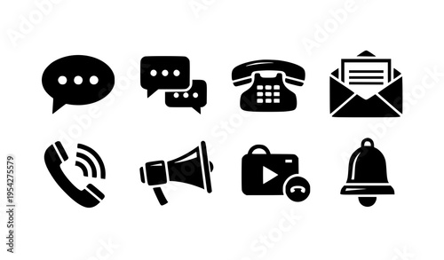 A set of black and white communication icons on a plain background