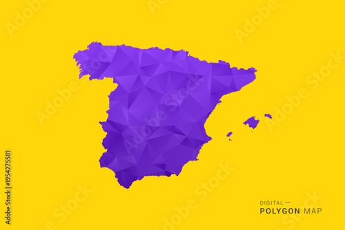 Spain Map - Low poly polygon map in vibrant purple gradient on bold yellow background, modern minimal geometric style, clean digital vector illustration.
