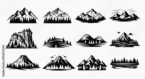 A collection of twelve black and white vector illustrations featuring stylized mountain landscapes