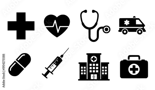 A set of medical icons including a cross, heart, stethoscope, ambulance, pill, syringe, hospital, and first aid kit