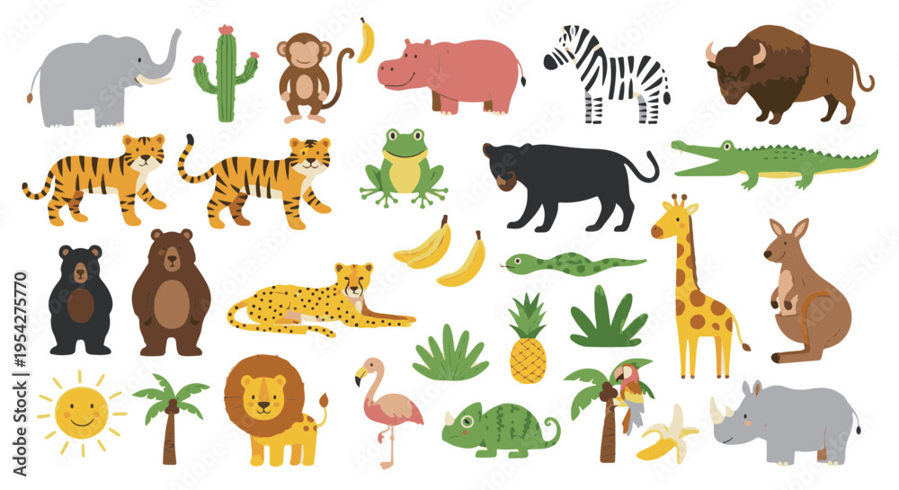 Obraz premium A collection of illustrated animals, each playfully depicted, capturing the essence of the wild, featuring the vibrant fauna in a captivating, visually appealing scene. 
