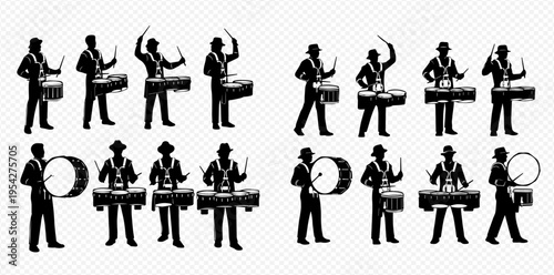 Obraz na plátně Set of drummer silhouettes playing various drums, vector illustration for musical themes and designs