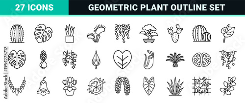 Indoor Plants Minimalist Monoline Icon Set featuring Geometric Botanical Outlines for Horticulture Web Interface and Interior Design Apps