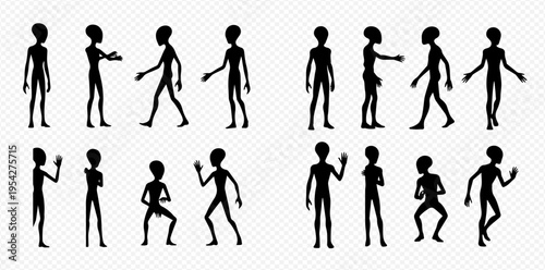 Set of black alien silhouettes in various poses and actions on a transparent background.