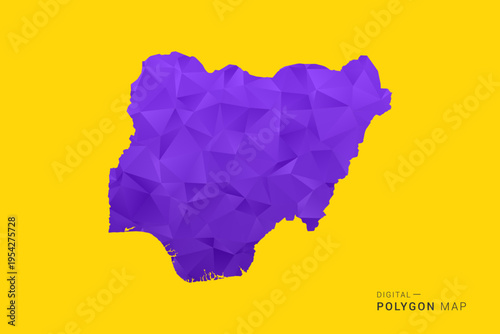 Nigeria Map - Low poly polygon map in vibrant purple gradient on bold yellow background, modern minimal geometric style, clean digital vector illustration.