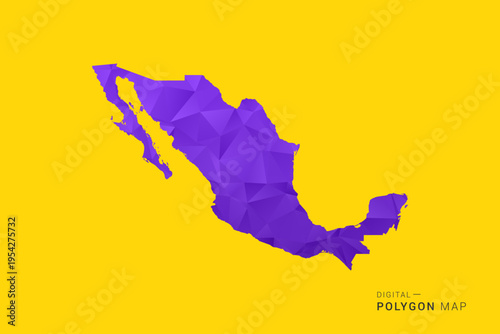 Mexico Map - Low poly polygon map in vibrant purple gradient on bold yellow background, modern minimal geometric style, clean digital vector illustration.