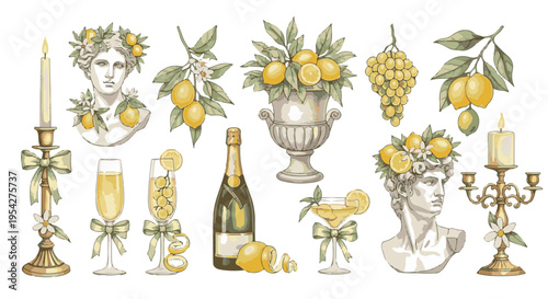 An artistic collection of lemons and beverages in a stylized illustration, evoking feelings of a sophisticated celebration, ideal for print and digital design.