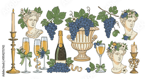 A luxurious artistic still life composed of elegant champagne glasses, vintage sculptures, and fresh grapes. Evokes feelings of celebration, indulgence, and classical beauty. 