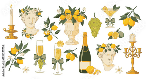 Aesthetic lemon-themed illustration, showcasing a collection of classical sculptures and beverages with vibrant lemons and elegant touches. 