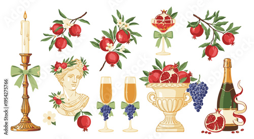 A captivating still-life arrangement features elegant elements like a vintage candle holder with a lit candle, fruit elements and beverage glasses, offering a classical and festive ambiance. 