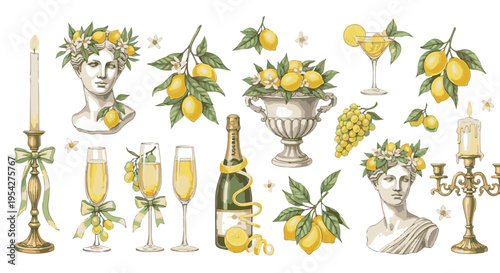 Festive collection of lemon-themed illustrations, from classic drawings to refreshing cocktails, and elegant champagne bottles, a perfect illustration for summer events.