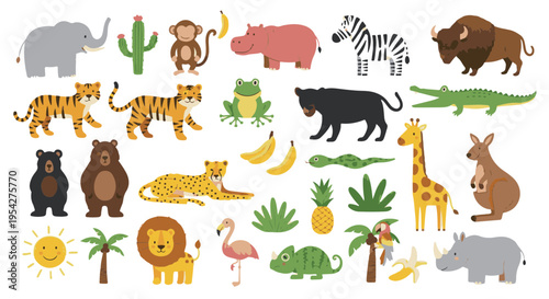 A collection of illustrated animals, each playfully depicted, capturing the essence of the wild, featuring the vibrant fauna in a captivating, visually appealing scene. 