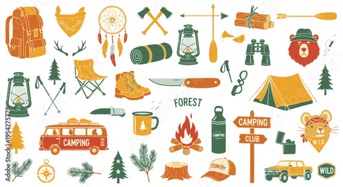 Embark on an adventure with an assortment of camping icons and tools, perfectly suited for outdoor exploration, and camping related topics.