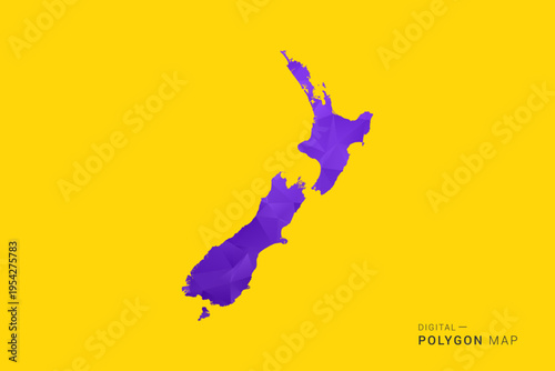 New Zealand Map - Low poly polygon map in vibrant purple gradient on bold yellow background, modern minimal geometric style, clean digital vector illustration.