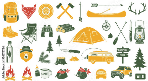 Collection of essential camping gear icons, perfect for illustrating outdoor adventures. Includes tents, campfire, backpacks, and nature-inspired elements.