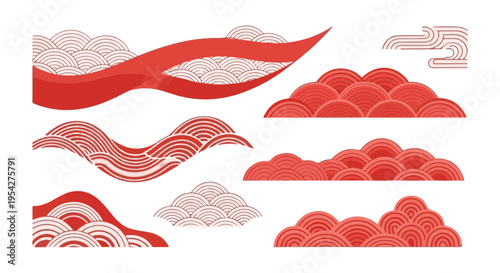 Set of elegant red Japanese wave patterns that bring a touch of traditional aesthetics to modern design projects. Japanese aesthetic elements.