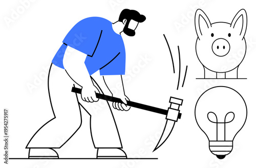 Economic decisions. Man breaking a piggy bank savings and financial crisis. Economic decisions tied to savings, budgeting, and problem-solving. For fintech, finance, startups, personal growth