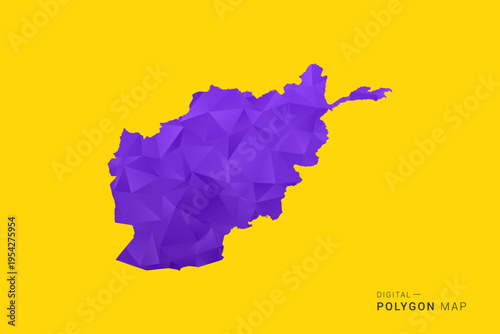 Afghanistan Map - Low poly polygon map in vibrant purple gradient on bold yellow background, modern minimal geometric style, clean digital vector illustration.