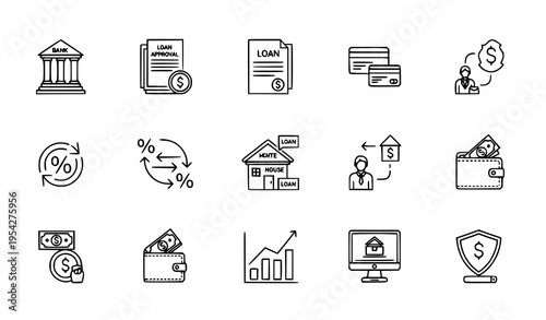 Loan finance banking thin outline icons vector pixel perfect financial collection