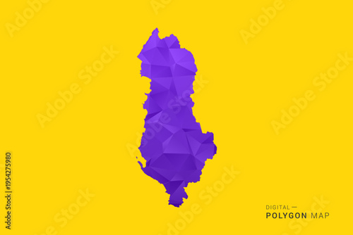 Albania Map - Low poly polygon map in vibrant purple gradient on bold yellow background, modern minimal geometric style, clean digital vector illustration.