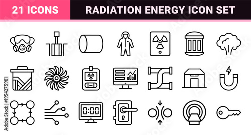 Nuclear Power and Atomic Energy Safety Icons in Ultra-Minimalist Monoline Style for Professional Engineering and Scientific UI Design