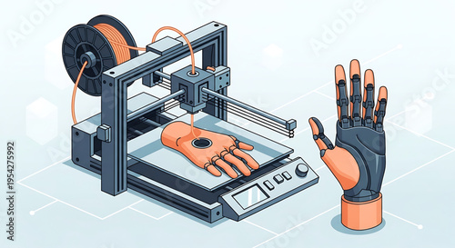A 3D printer creates a prosthetic hand next to a finished robotic hand
