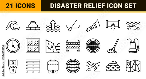 Flood Disaster and Water Damage Insurance Symbols in Ultra-Minimalist Geometric Line Art Style for Commercial Interface Design