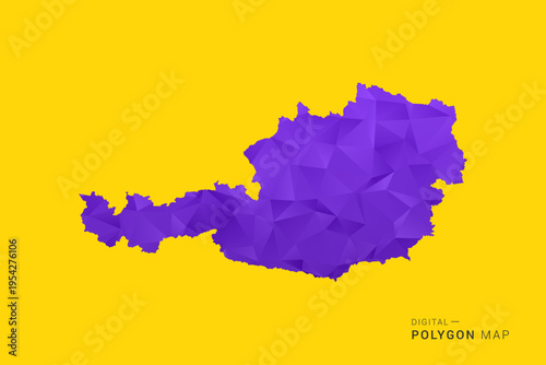 Austria Map - Low poly polygon map in vibrant purple gradient on bold yellow background, modern minimal geometric style, clean digital vector illustration.